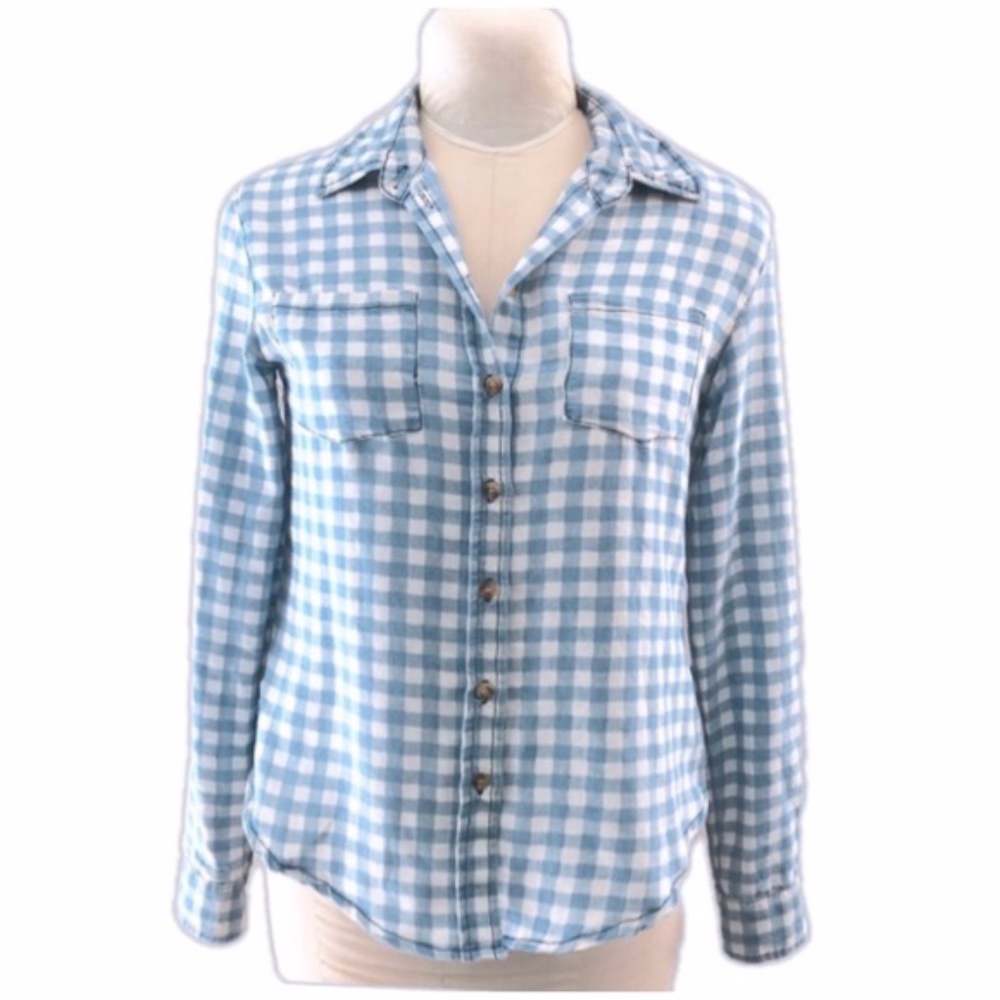 Love Notes Blue Button Down Plaid Checkered Top - image 1